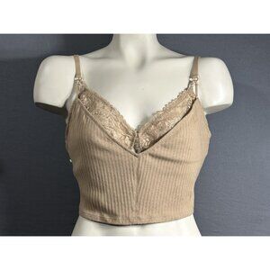 Aerie Crop Top Cami Size Large Tan Ribbed Built In Lace Bralette